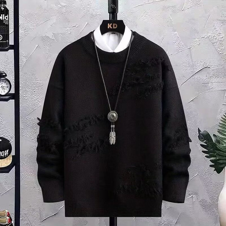 Herren Oversized Strickpullover mit Fransen‑Used‑Details und Rundhalsausschnitt Drune