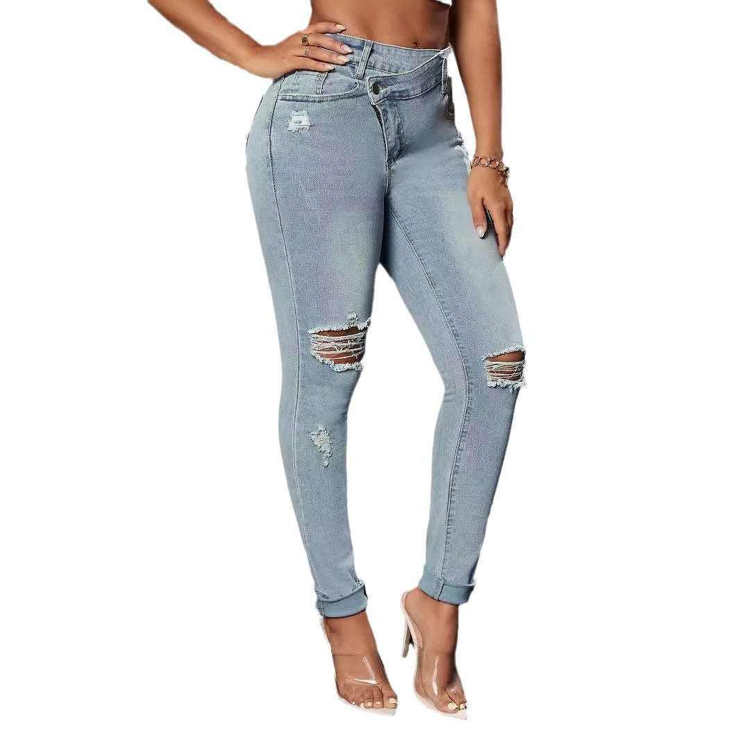 Damen nan Highwaist-Ripped-Skinny-Jeans mit Stretch, ausgefransten Knieöffnungen und umgeschlagenem Saum Drune