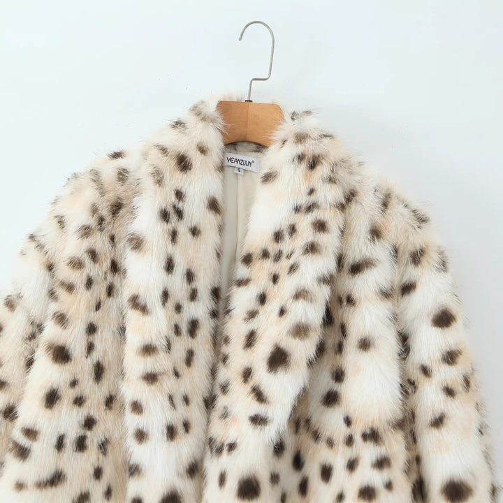 Damen Extravaganter langer Kunstpelz-Mantel mit Leopardenmuster und wärmender Fütterung Drune