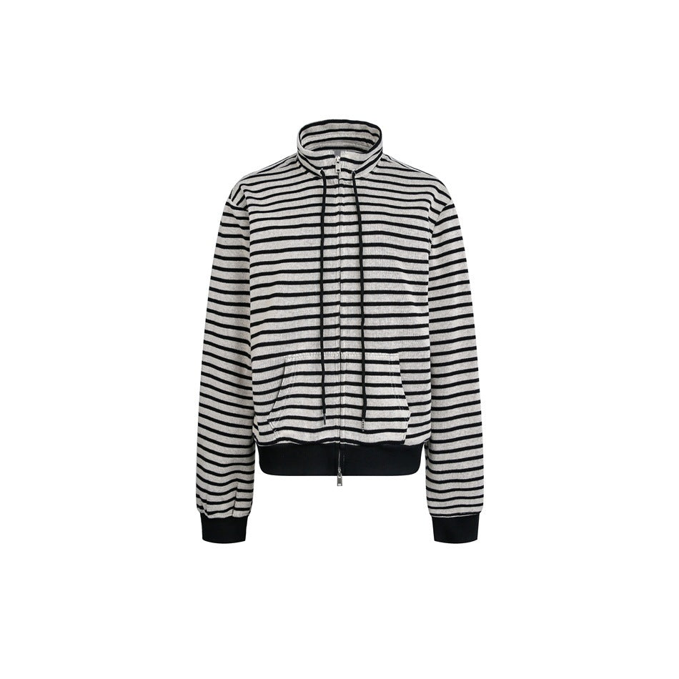 Damen Gestreifte Sweatjacke im Boxy‑Cut mit hohem Stehkragen, Zwei-Wege-Reißverschluss und Kängurutasche Drune