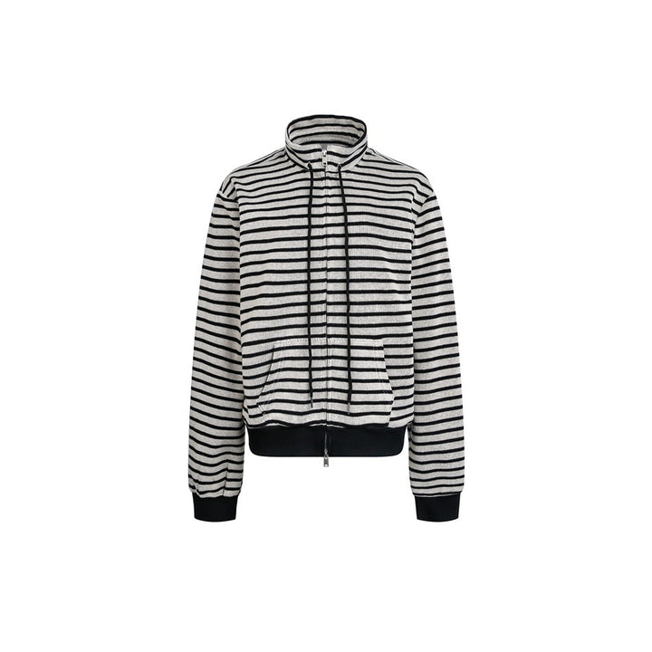 Damen Gestreifte Sweatjacke im Boxy‑Cut mit hohem Stehkragen, Zwei-Wege-Reißverschluss und Kängurutasche Drune