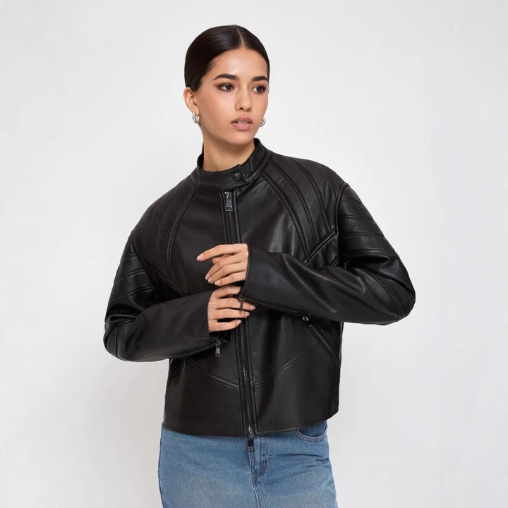 Damen Kunstleder Bikerjacke mit strukturiertem Design Drune