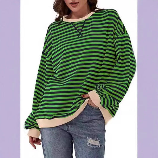 Damen Lässiges Oversize-Streifen-Sweatshirt mit Raglanärmeln und Kontrastbündchen Drune