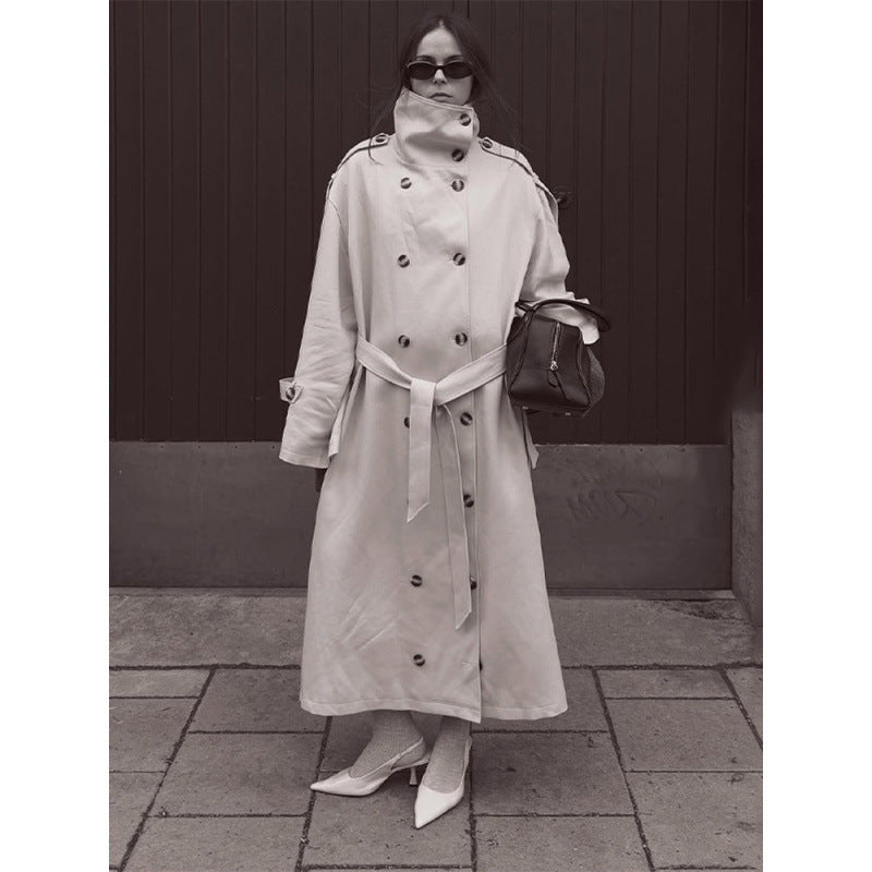 Damen Langer Oversized Trenchcoat mit hohem Stehkragen, Glockenärmeln und Bindegürtel Drune