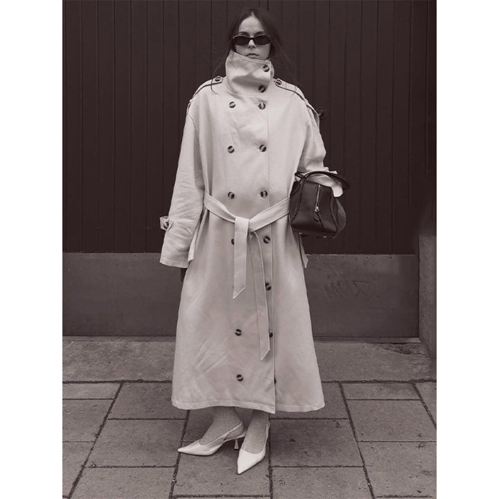 Damen Langer Oversized Trenchcoat mit hohem Stehkragen, Glockenärmeln und Bindegürtel Drune