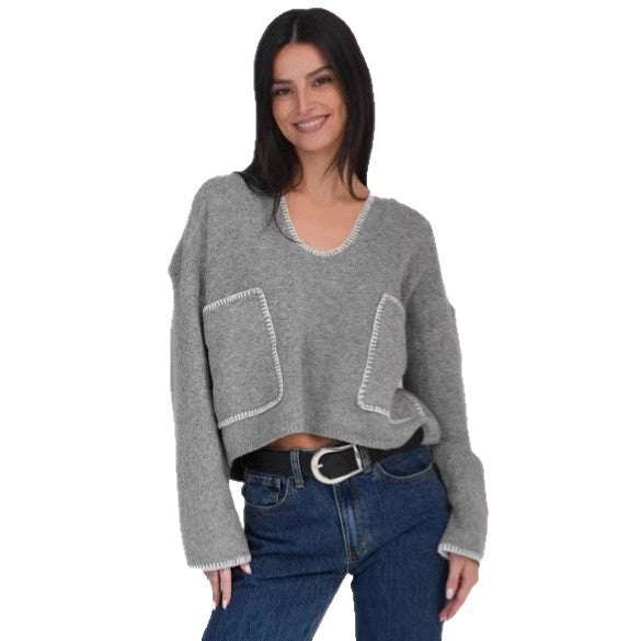 Damen gemütlicher Cropped Pullover mit asymmetrischem Design und praktischen Taschen Drune