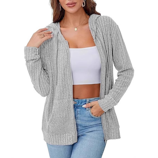 Damen Strick-Kapuzenjacke mit Reißverschluss, Waffelstruktur und Eingrifftaschen Drune