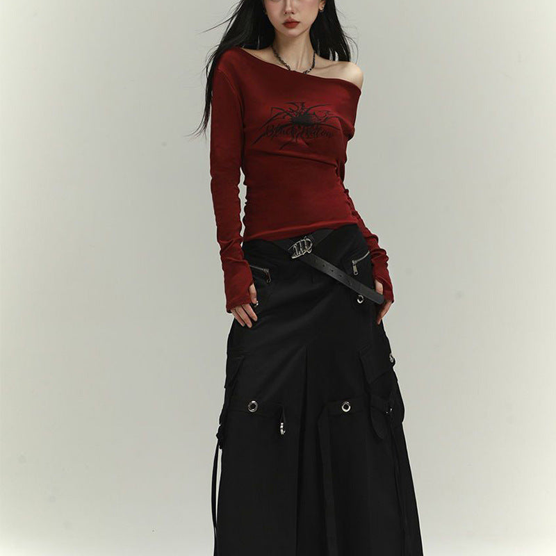 Damen Langarmshirt mit asymmetrischem Ausschnitt und grafischem Druck Drune