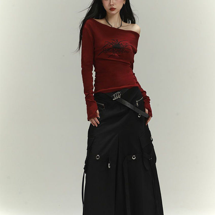 Damen Langarmshirt mit asymmetrischem Ausschnitt und grafischem Druck Drune
