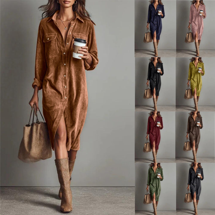 Damen Hemdblusenkleid aus Cord mit Brusttaschen, Knopfleiste und Schlitze Drune