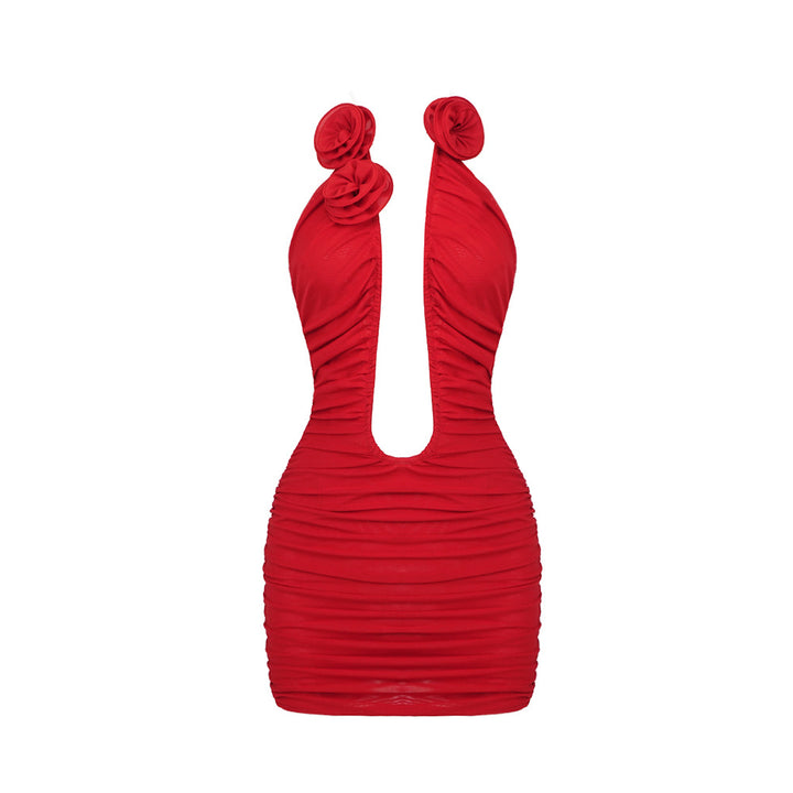 Damen figurbetontes Minikleid mit raffinierten Rüschen und tiefem V-Ausschnitt Drune