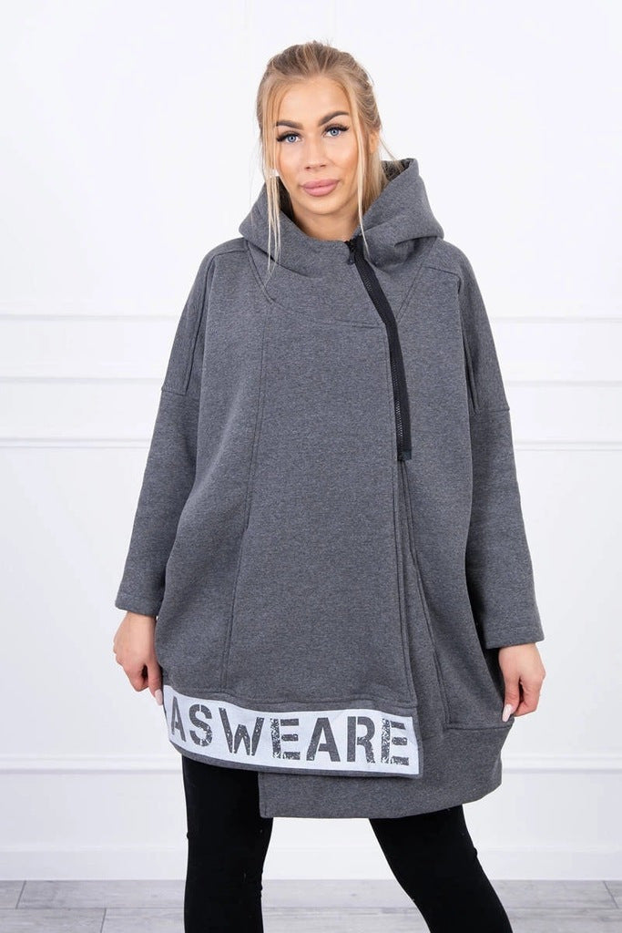 Drune | Reißverschluss Bedrucktes Logo Lockere mittellange Kapuzenfleecejacke