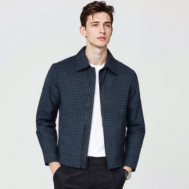 Herren Leichtes kariertes Overshirt-Jackett mit verdecktem Zwei-Wege-Reißverschluss und Hemdkragen Drune