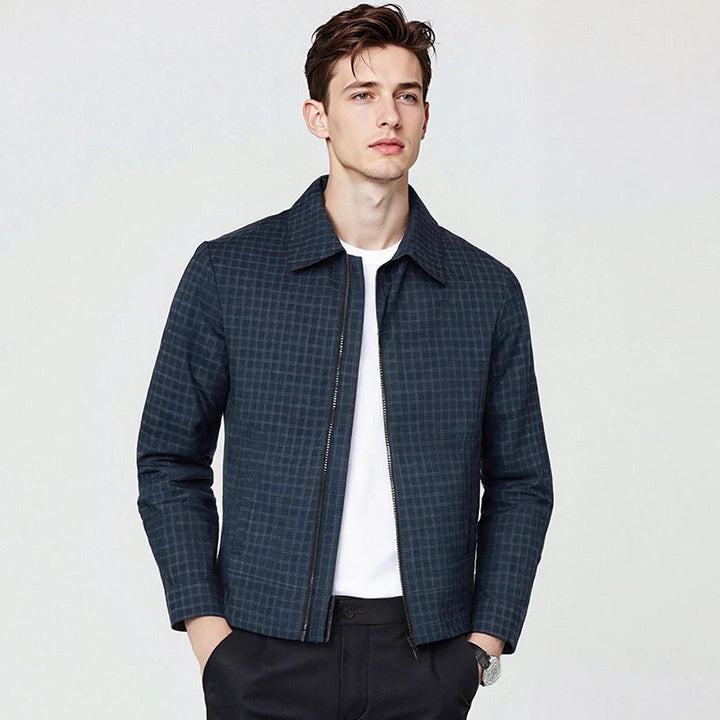 Herren Leichtes kariertes Overshirt-Jackett mit verdecktem Zwei-Wege-Reißverschluss und Hemdkragen Drune