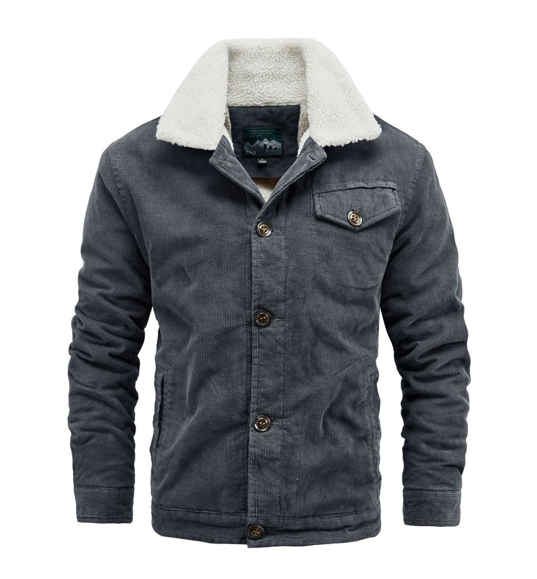 Herren Cord-Truckerjacke mit durchgehendem Sherpa‑Futter und Hemdkragen Drune
