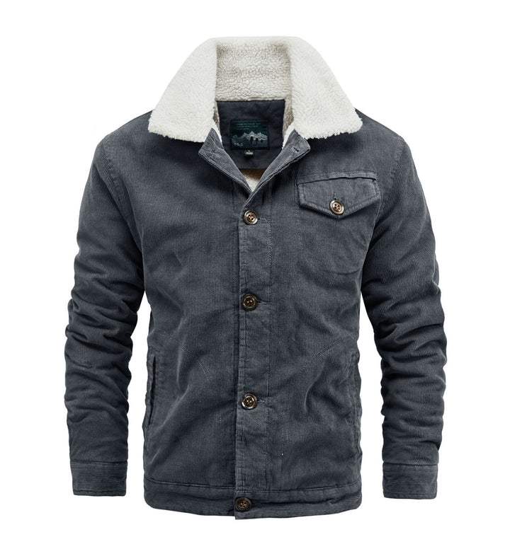 Herren Cord-Truckerjacke mit durchgehendem Sherpa‑Futter und Hemdkragen Drune
