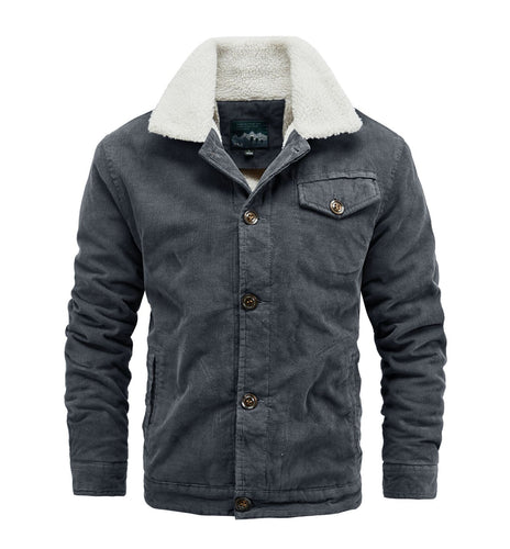 Herren Cord-Truckerjacke mit durchgehendem Sherpa‑Futter und Hemdkragen Drune