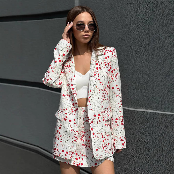 Damen Florales Blazer- und Minirock-Set aus strukturierter Baumwollmischung Drune