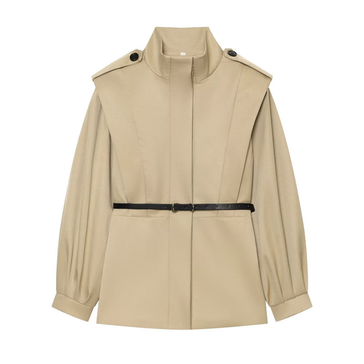 Damen Kurzer Cape‑Trenchcoat mit Stehkragen, Schulterpatten und Taillengürtel Drune