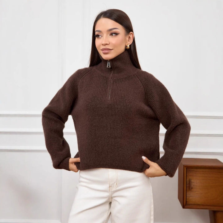 Damen Modischer Strickpullover mit Stehkragen und kurzer Reißverschluss Drune