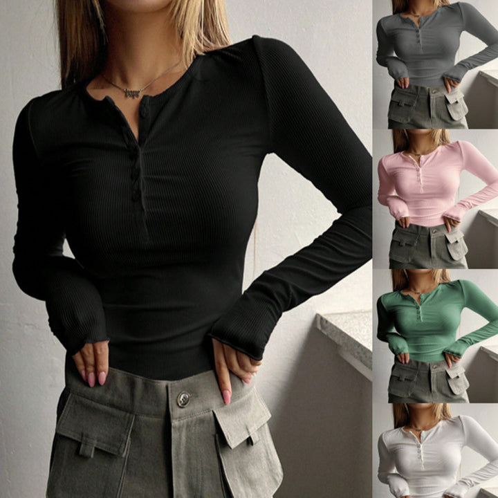 Damen Langarmshirt mit Knopfleiste und figurbetontem Schnitt Drune