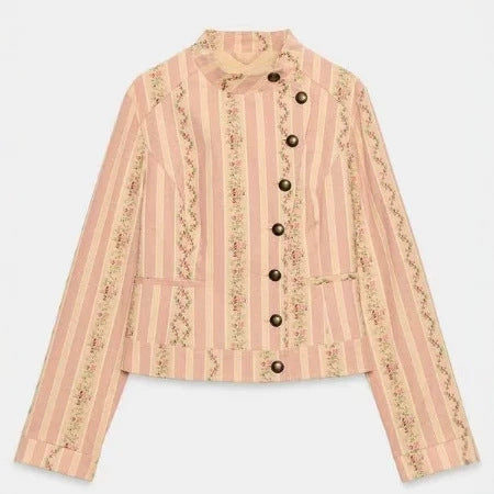 Damen Cropped Blazerjacke im Vintage‑Streifen‑Look mit Stehkragen und asymmetrischer Knopfleiste Drune
