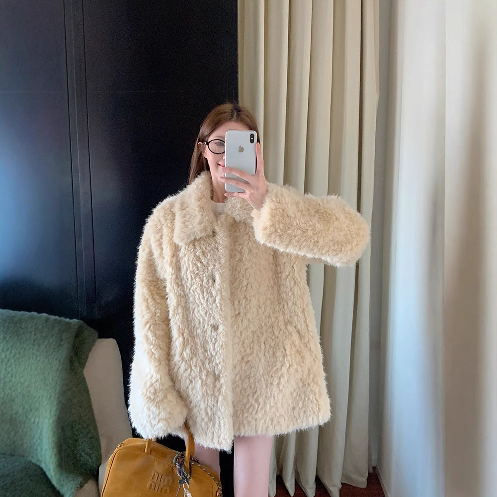 Damen Oversized Kunstfell‑Mantel mit Teddy‑Optik, Stehkragen und Eingrifftaschen Drune