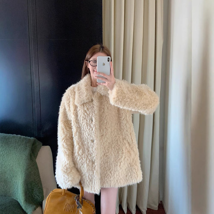 Damen Oversized Kunstfell‑Mantel mit Teddy‑Optik, Stehkragen und Eingrifftaschen Drune