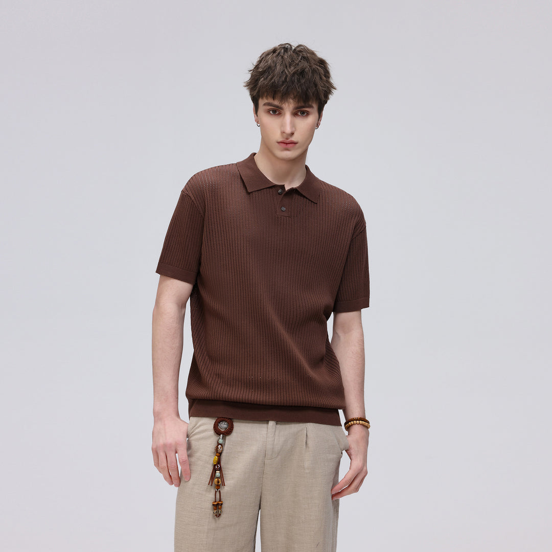 Herren Kurzarm-Feinstrick-Poloshirt mit Strukturstrick und luftiger Perforation Drune