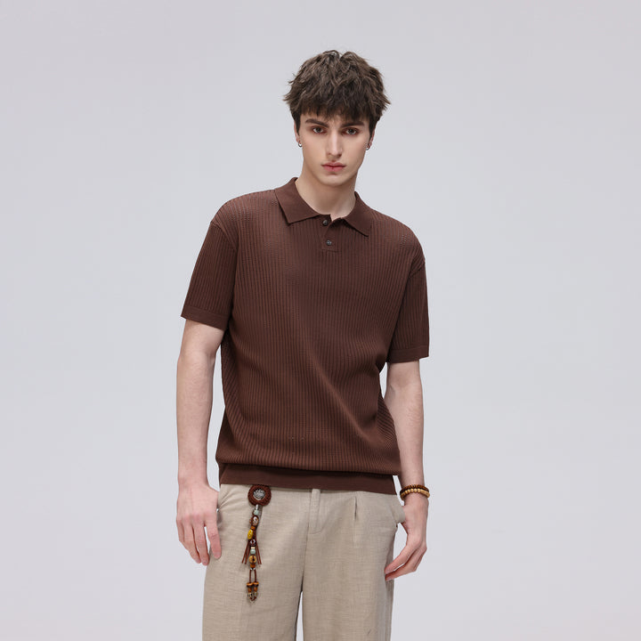 Herren Kurzarm-Feinstrick-Poloshirt mit Strukturstrick und luftiger Perforation Drune