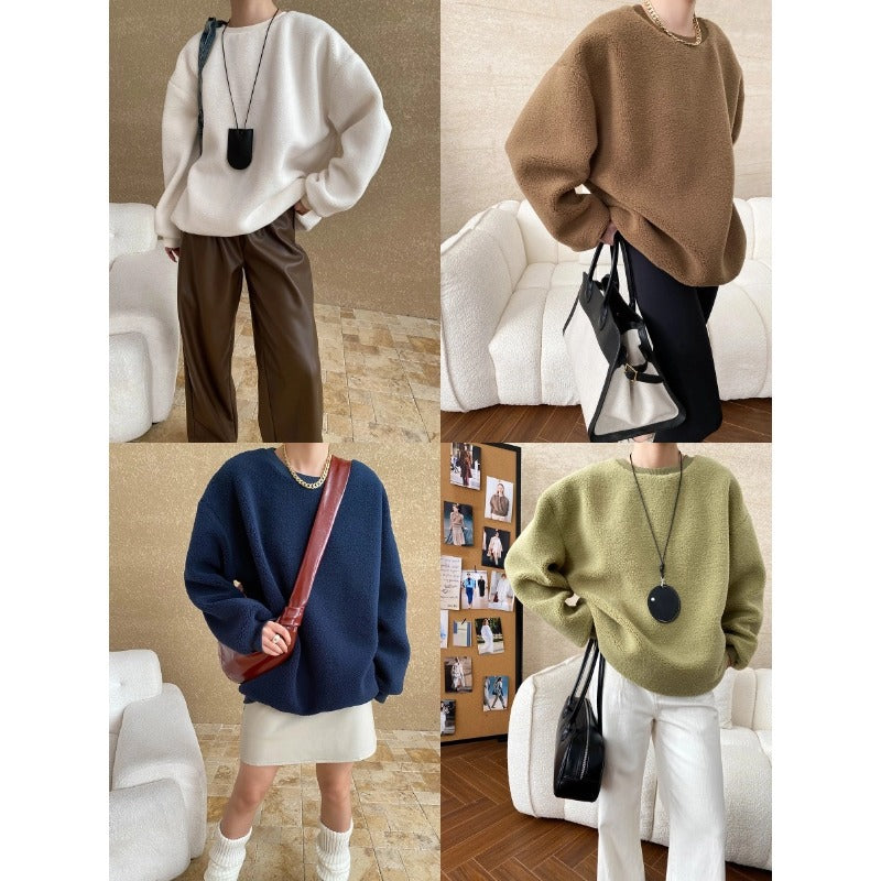 Damen kuscheliger Fleece-Pullover mit weitem Schnitt und bequemen Details Drune