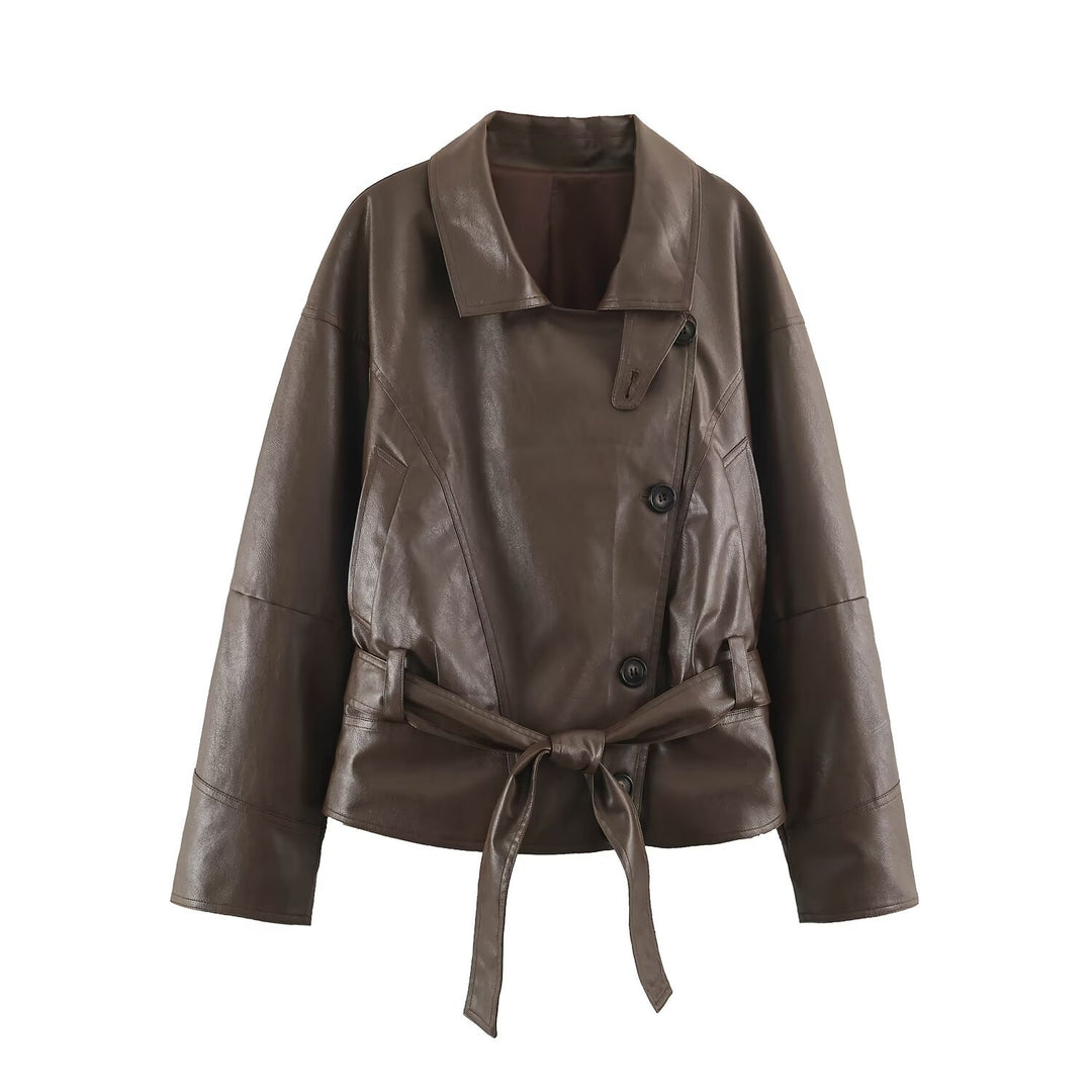 Damen Taillierte Lederoptik-Jacke mit asymmetrischer Knopfleiste und Bindegürtel Drune