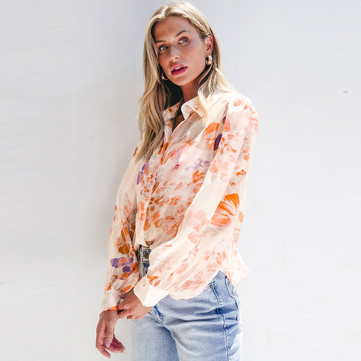 Damen luftiges Blusenshirt mit floralem Design und voluminösen Ärmeln Drune