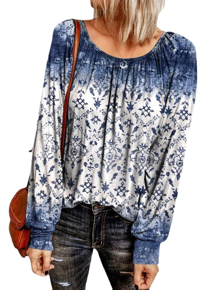 Damen Ethno-Print Oversize-Tunika mit Rundhalsausschnitt und langen Ballonärmeln Drune