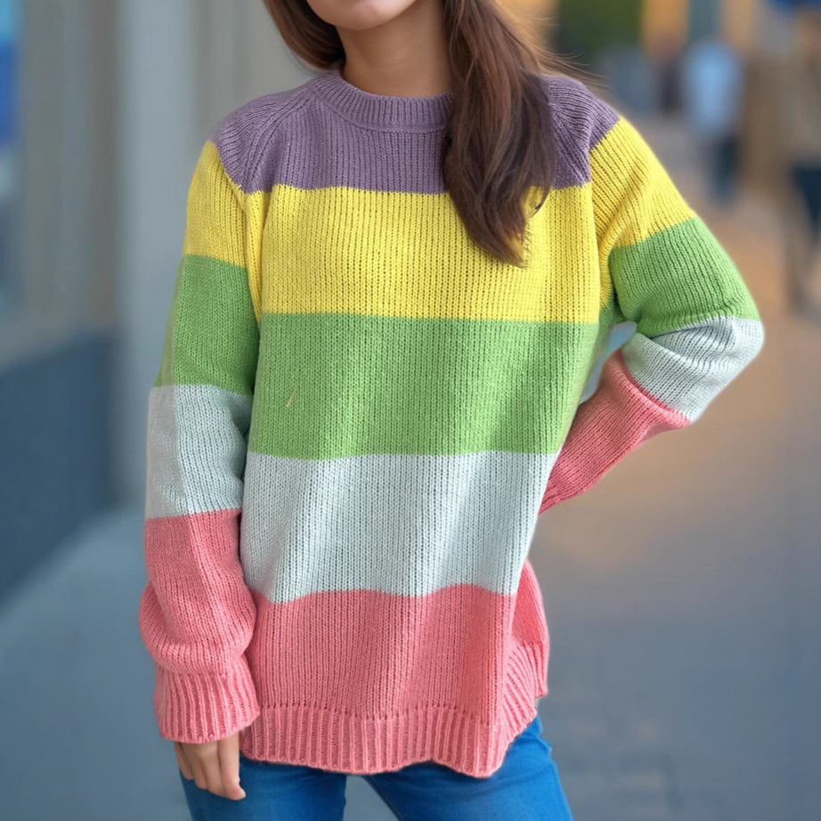 Damen lässiger Strickpullover mit bunten Blockstreifen und weitem Schnitt Drune