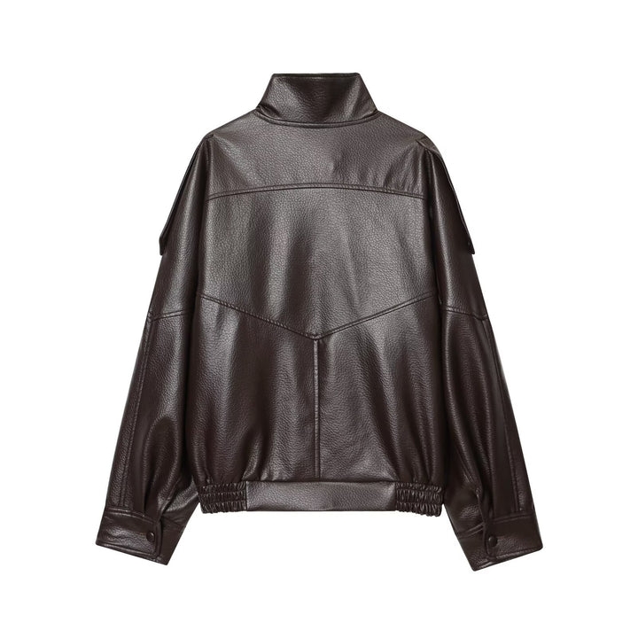 Damen nan Kunstleder-Bomberjacke mit hohem Stehkragen, asymmetrischer Druckknopfleiste und elastischem Saum Drune