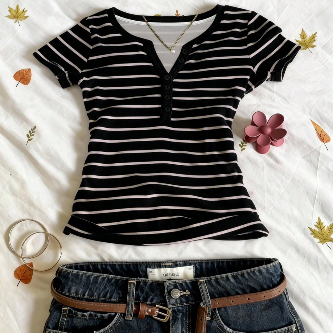 Damen Kurzarmshirt mit Knopfleiste Drune