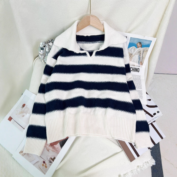 Damen gestreifter Pullover mit modernem Polokragen und elastischem Bund Drune