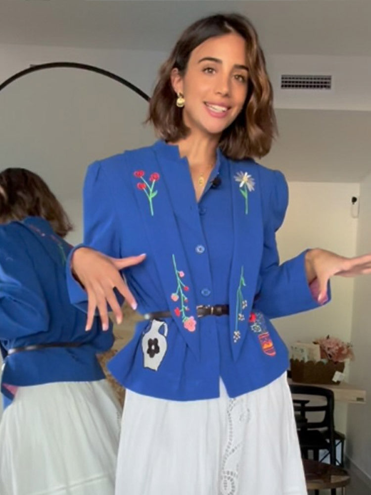 Damen Bestickte taillierte Kurzjacke mit Schößchen und Gürtel Drune