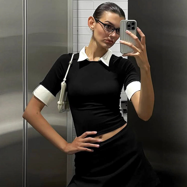 Damen Kurzarmoberteil mit elegantem Kragen und modischem Schnitt Drune