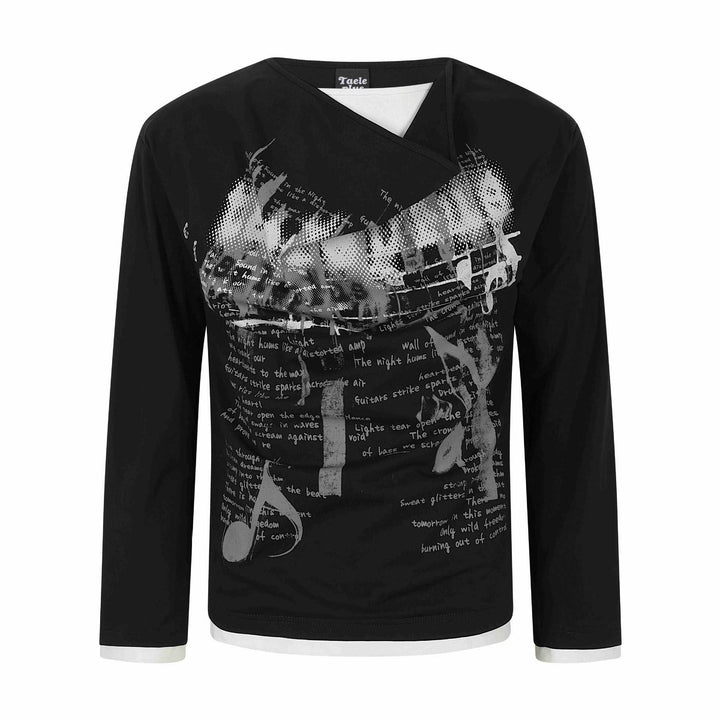 Damen Langarmshirt mit asymmetrischem Schlauchkragen und Grafik‑Music‑Print Drune