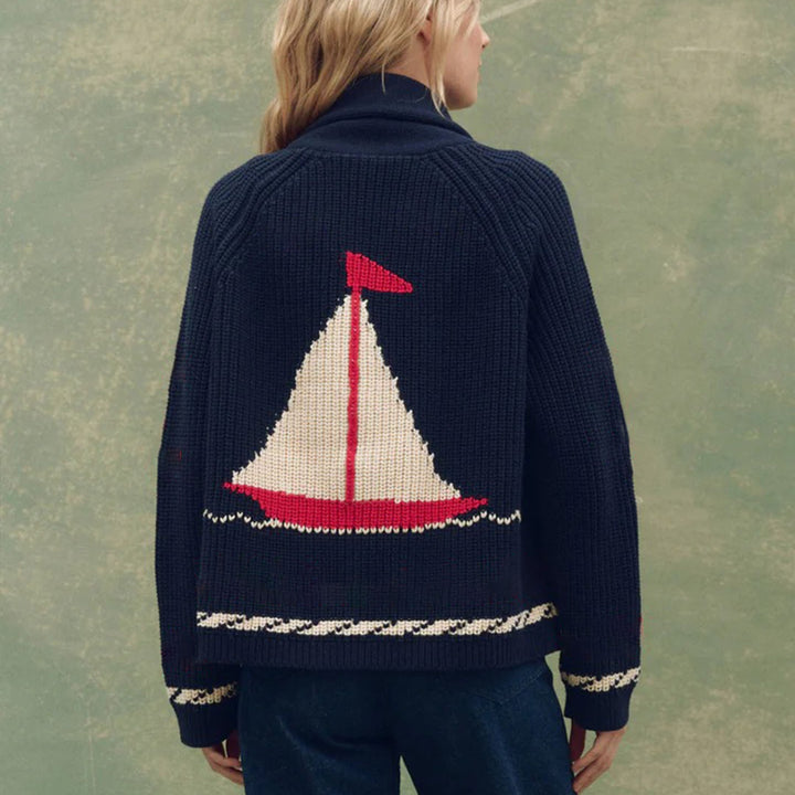 Damen Grobstrick-Cardigan mit Reverskragen und Pferde‑Intarsie Drune
