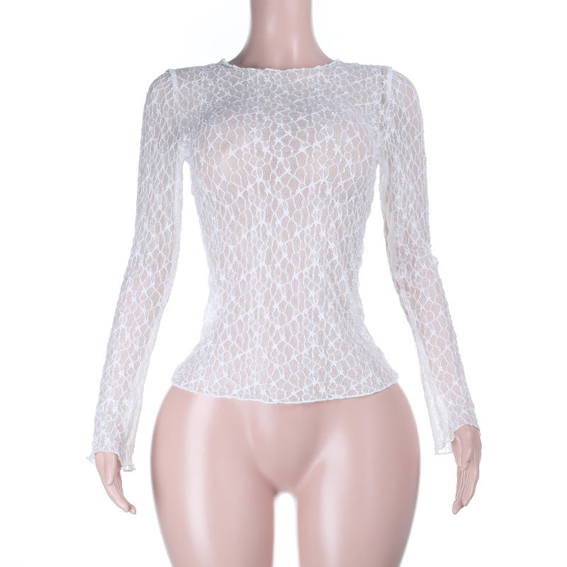 Damen Elegantes Spitzenshirt mit langem Arm und raffiniertem Mustermix Drune