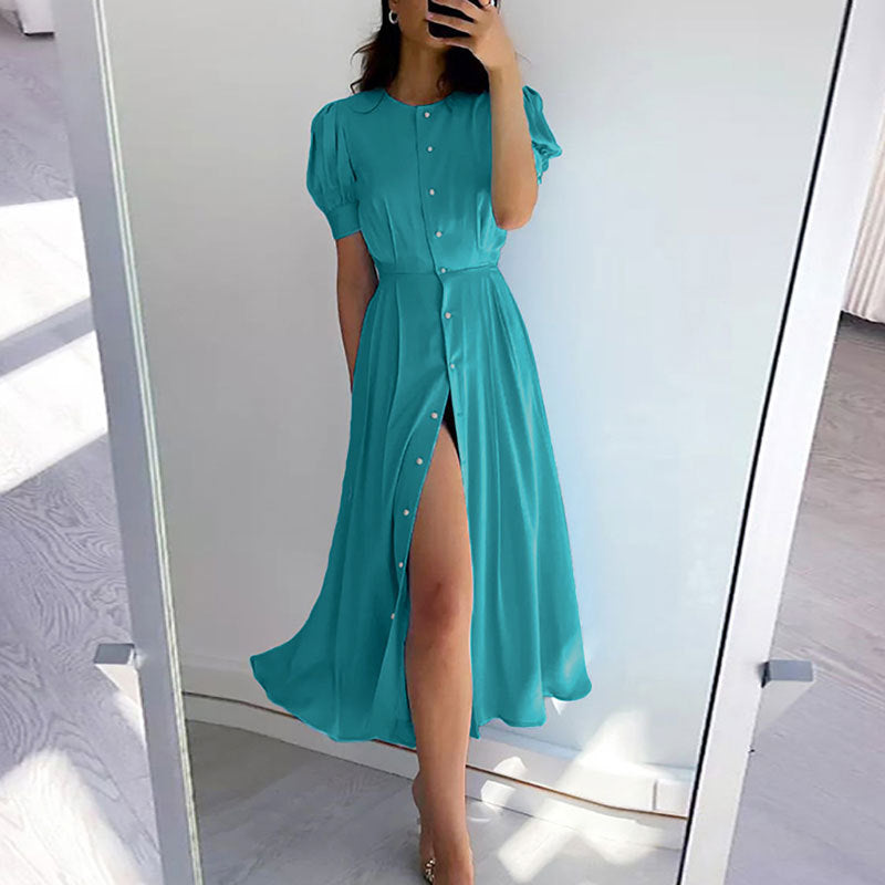 Damen Knielanges Hemdblusenkleid mit Knöpfen und seitlichem Schlitz Drune
