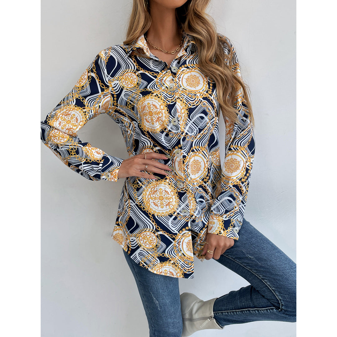 Damen geblümtes Shirt mit eleganten Langarm und knöpfbarem Kragen Drune