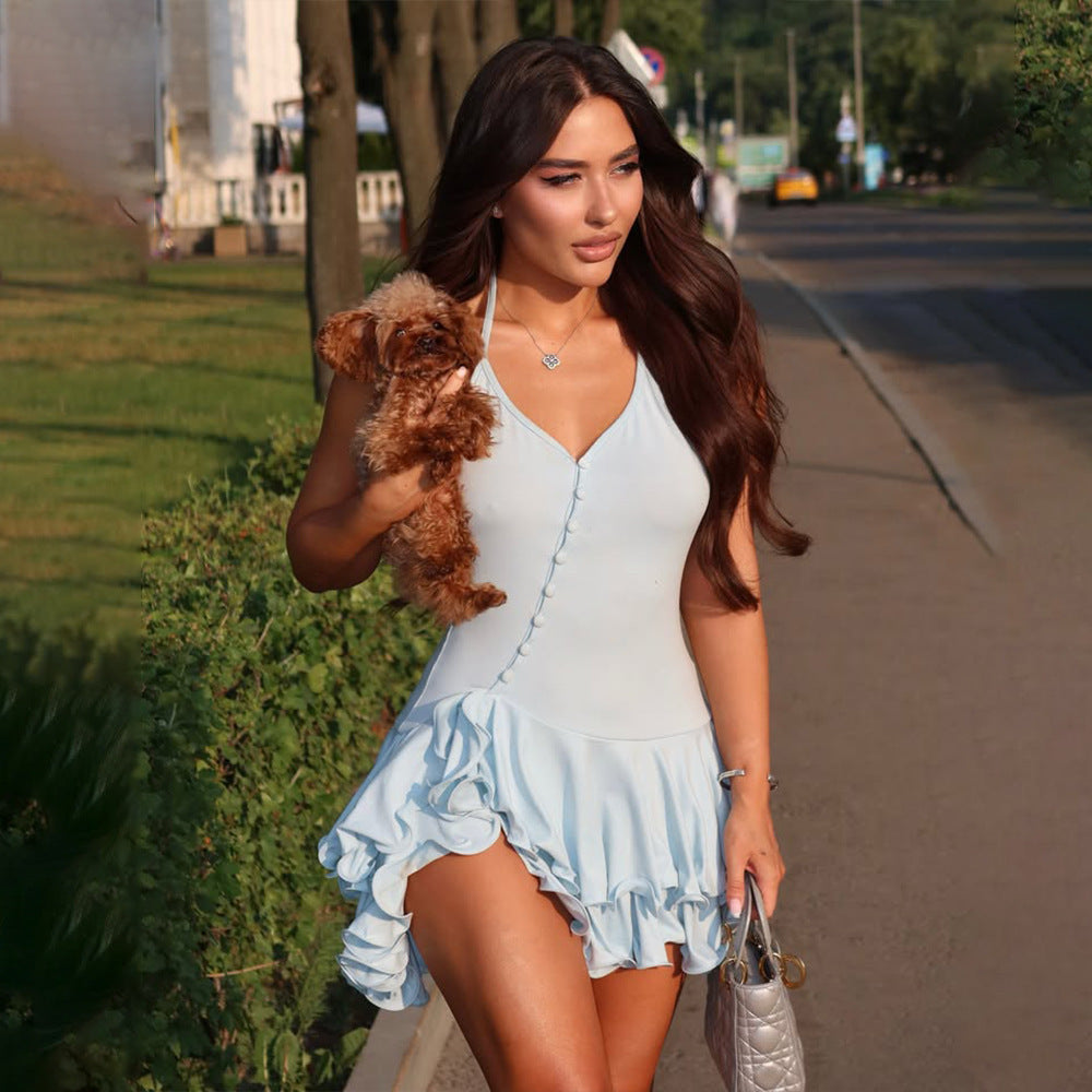 Damen Sportliches Kleid mit Rüschen und tiefem V-Ausschnitt Drune