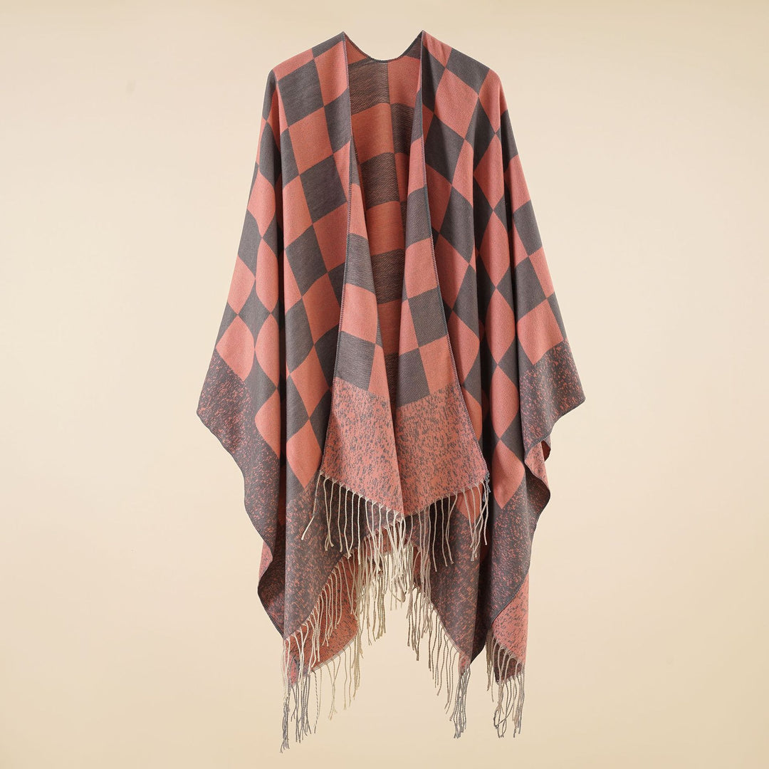 Damen Oversize-Poncho mit Karomuster und Fransen Drune