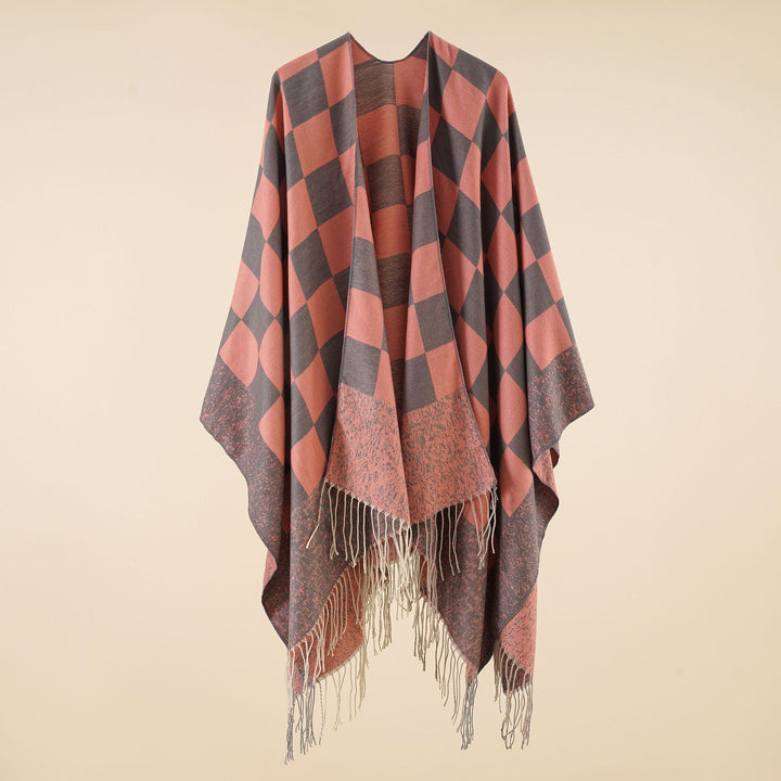 Damen Oversize-Poncho mit Karomuster und Fransen Drune
