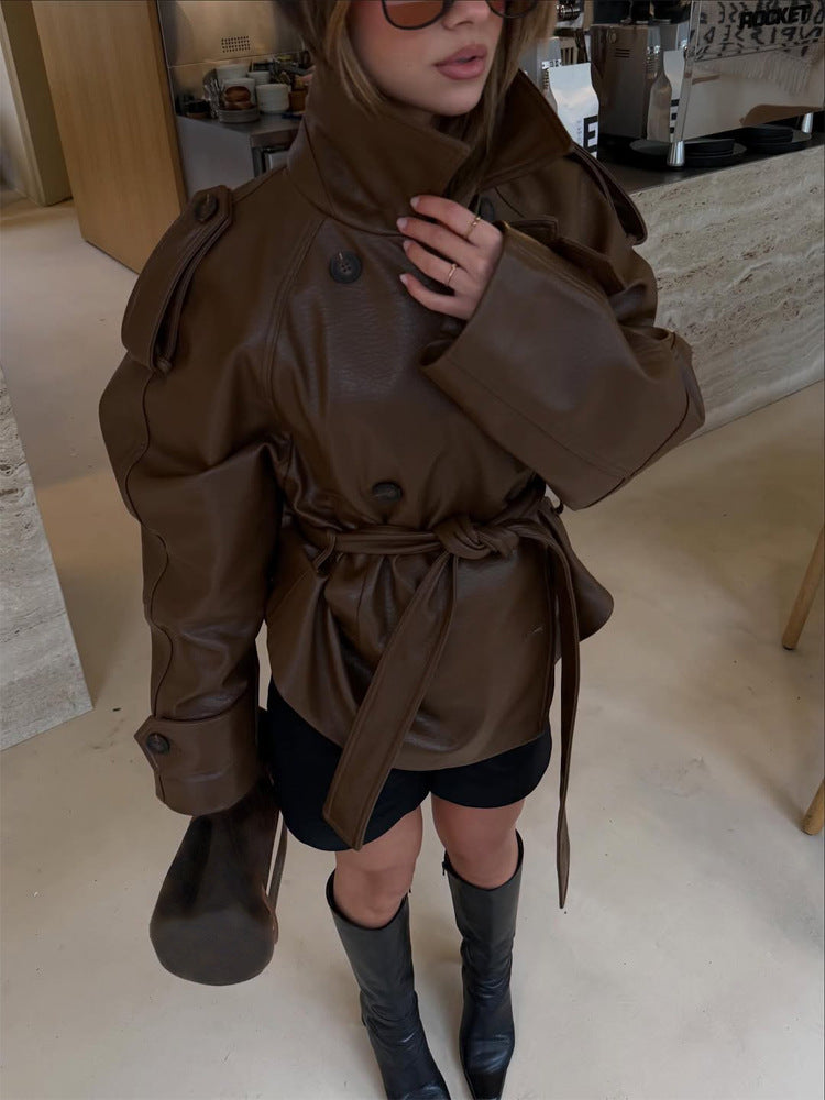 Damen Kurz geschnittener Oversize Lederimitat-Trench mit Taillengürtel und Epauletten Drune