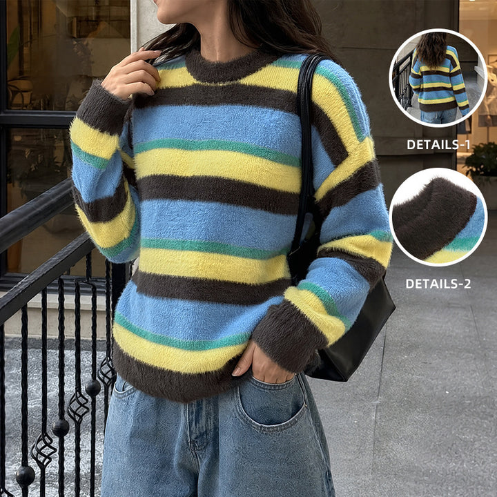 Damen Lässig gestrickter Pullover mit buntem Streifenmuster Drune